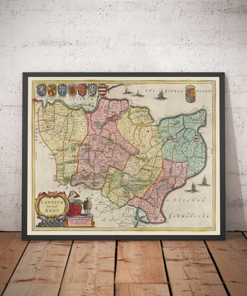 Ancienne carte de Kent en 1665 par Joan Blaeu - Canterbury, Maidstone, Bromley, Tunbridge, Margate, Dartford