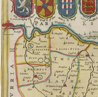 Mapa antiguo de Kent en 1665 por Joan Blaeu - Canterbury, Maidstone, Bromley, Túnbridge, Margate, Dartford