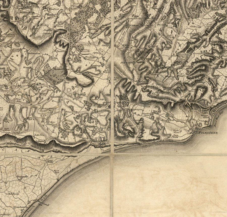 Mapa antiguo raro de Kent, 1809 por Faden & Ordnance Survey - Canterbury, Maidstone, Bromley, Túnbridge, Margate, Lewisham