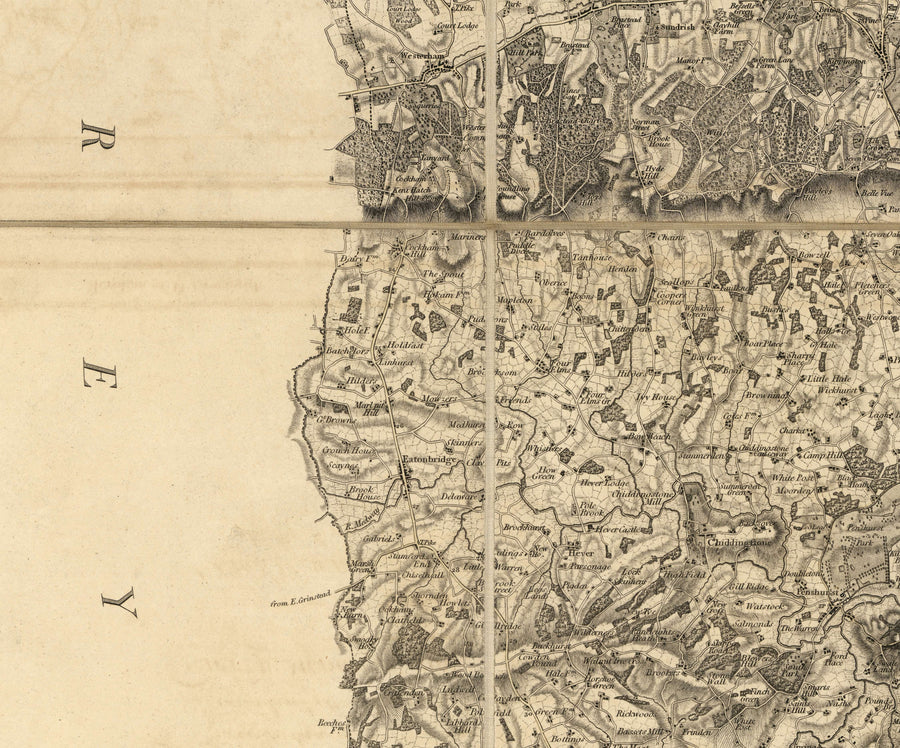 Mapa antiguo raro de Kent, 1809 por Faden & Ordnance Survey - Canterbury, Maidstone, Bromley, Túnbridge, Margate, Lewisham