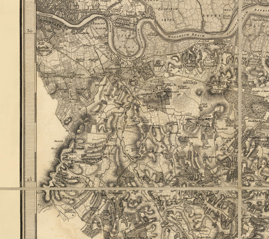 Mapa antiguo raro de Kent, 1809 por Faden & Ordnance Survey - Canterbury, Maidstone, Bromley, Túnbridge, Margate, Lewisham