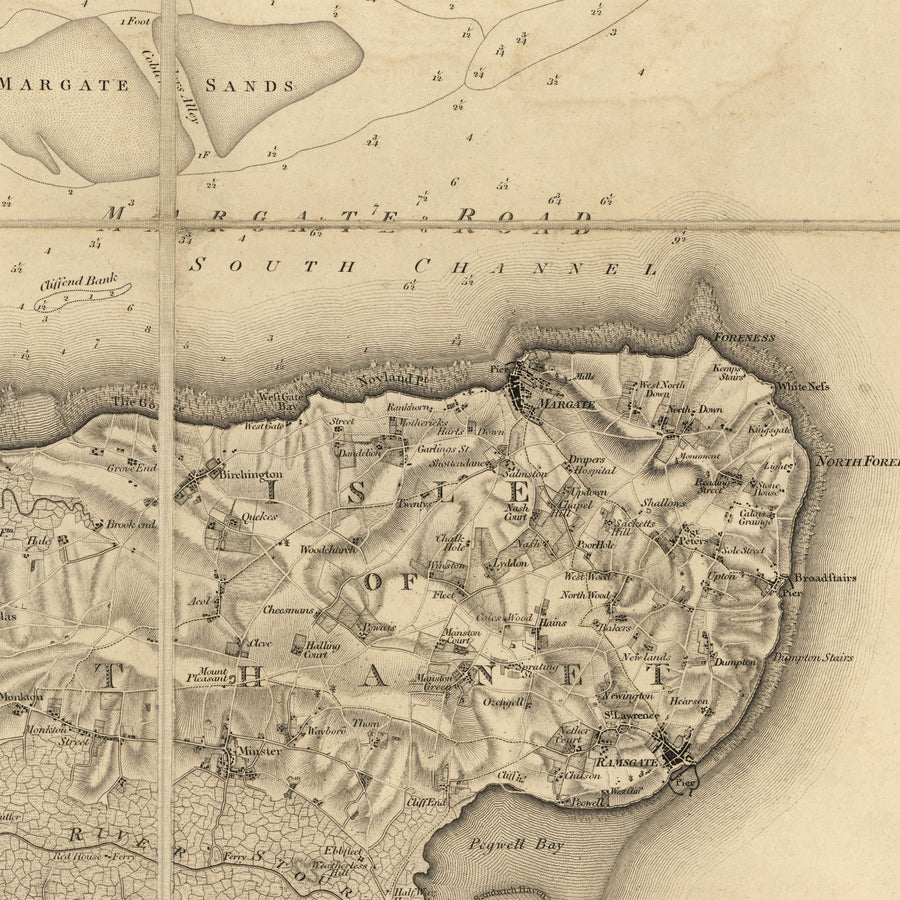 Mapa antiguo raro de Kent, 1809 por Faden & Ordnance Survey - Canterbury, Maidstone, Bromley, Túnbridge, Margate, Lewisham