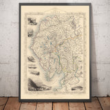 Alte Karte des Lake District, 1851 von Tallis & Rapkin - Cumbria, Westmorland, Lancashire, Windermere, Lakeland 