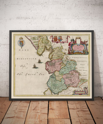Antigua mapa de Lancashire, 1654 por Joan Blaeu - Manchester, Liverpool, Preston, Blackburn, Windermere 