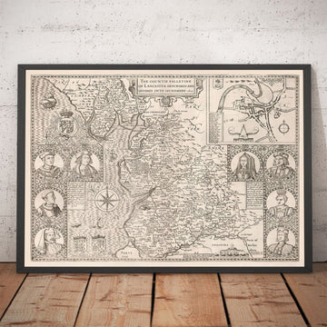 Vecchia mappa del Lancashire, 1611 di John Speed - Manchester, Liverpool, Preston, Blackburn, Burnley, Windermere 