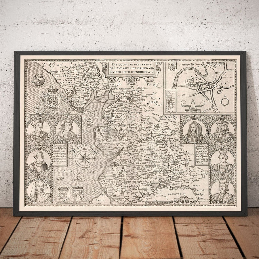 Alte Karte von Lancashire, 1611 von John Speed - Manchester, Liverpool, Preston, Blackburn, Burnley, Windermere 