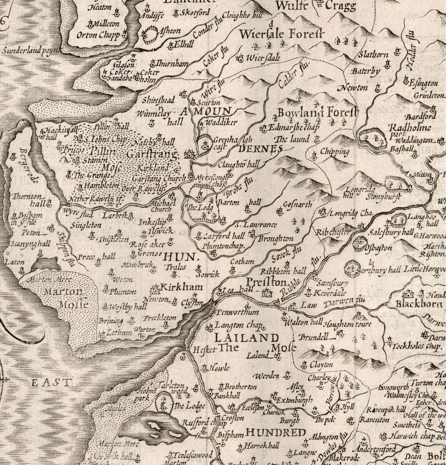 Alte Karte von Lancashire, 1611 von John Speed - Manchester, Liverpool, Preston, Blackburn, Burnley, Windermere 