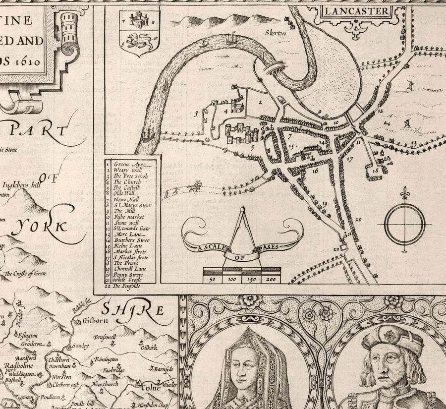 Alte Karte von Lancashire, 1611 von John Speed - Manchester, Liverpool, Preston, Blackburn, Burnley, Windermere 