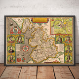 Ancienne carte du Lancashire en 1611 par John Speed - Manchester, Liverpool, Preston, Blackburn, Windermere 