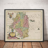 Mapa antiguo de Leinster, Irlanda en 1665 por Joan Blaeu - Condado de Dublín, Kilkenny, Meath, Drogheda Swords, Waterford, East Eire