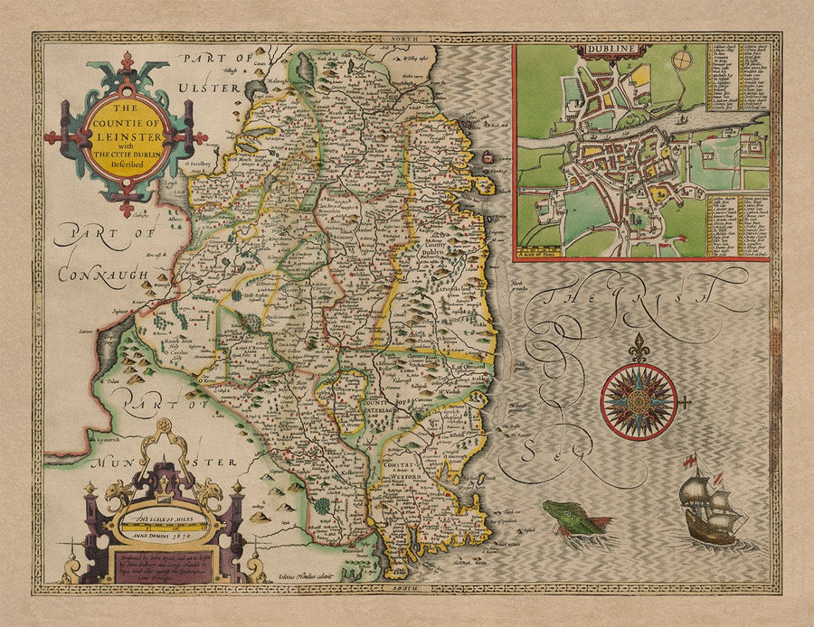 Old Map of Leinster, Ireland in 1611 by John Speed - County Dublin, Kilkenny, Meath