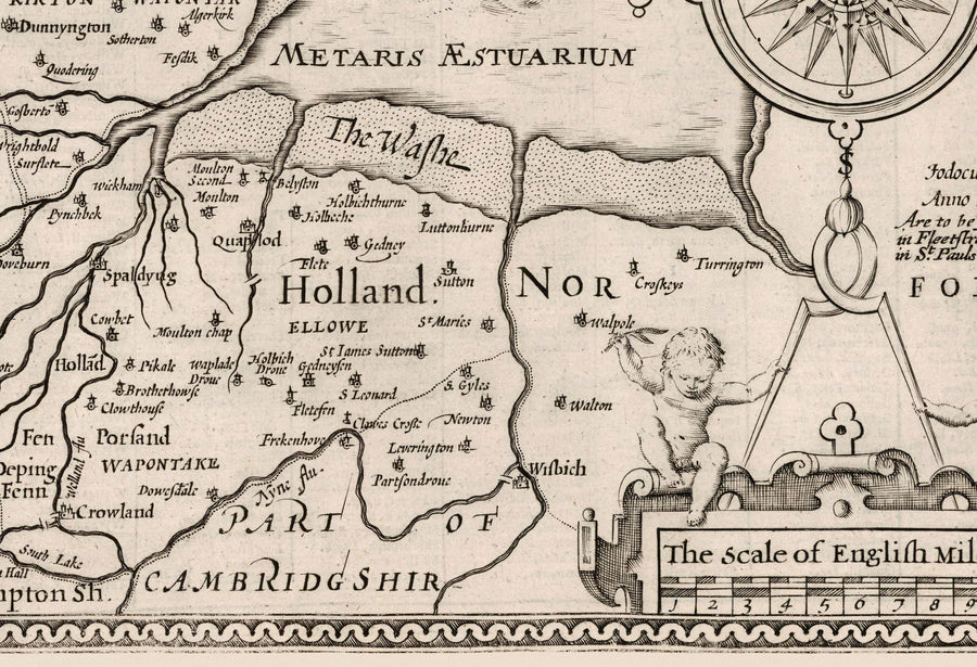 Vieille carte monochrome de Lincolnshire en 1611 à la vitesse - Lincoln, Grimsby, Grantham, Boston, Scunthorpe, East Midlands
