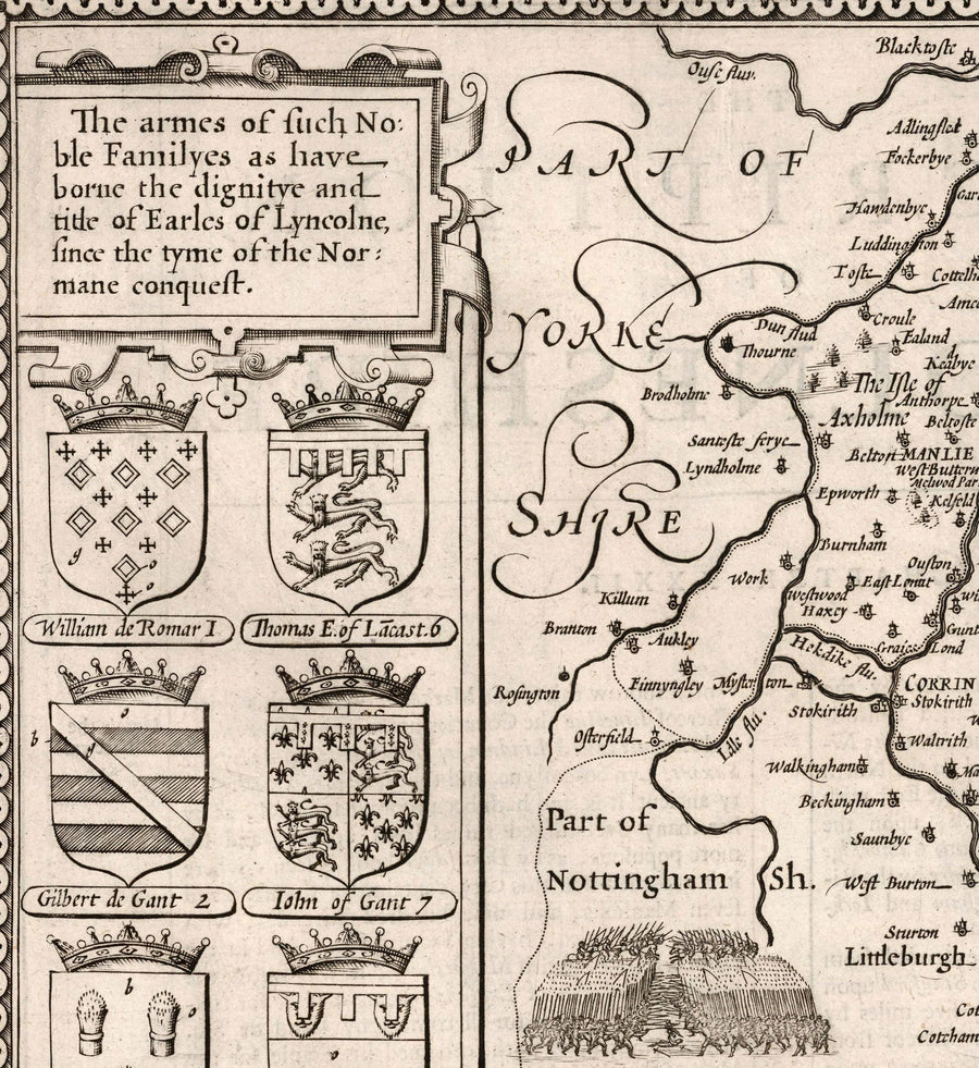 Vieille carte monochrome de Lincolnshire en 1611 à la vitesse - Lincoln, Grimsby, Grantham, Boston, Scunthorpe, East Midlands