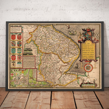 Viejo Mapa de Lincolnshire en 1611 por John Speed ​​- Lincoln, Grimsby, Grantham, Boston