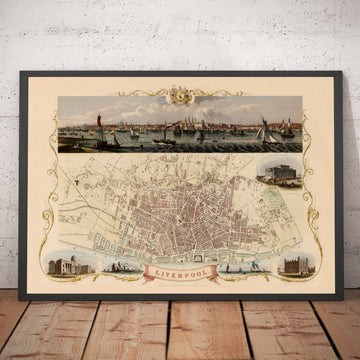 Mapa de color antiguo de Liverpool por Tallis & Rapkin, 1851 - Docks, Mersey, Centro de la ciudad