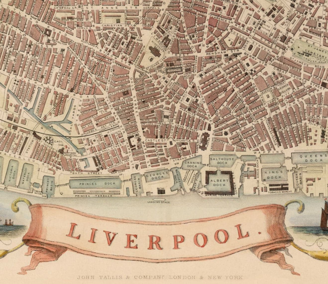 Liverpool Tithe Maps Old Colour Map of Liverpool by Tallis & Rapkin, 1851 - Docks, Mersey ...
