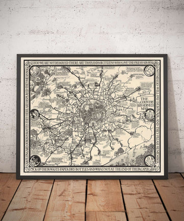 Old Monochrome Map of London, Suburbs & Commuter Belt by Max Gill in 1928 - "Far flung are our bus routes"