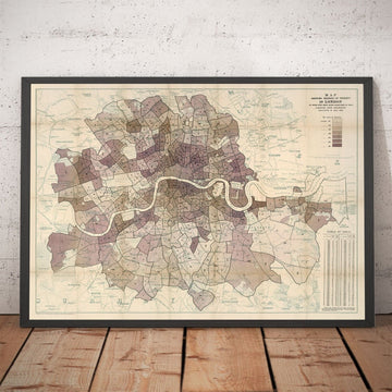 London Poverty Map, 1889 by Charles Booth - Central, South, West, North, East - Old Historic City Wall Chart