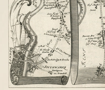 Mapa de ruta antigua de Londres a Dover, 1645 de John Ogilby - Historic Kent A2 Mapa de viaje