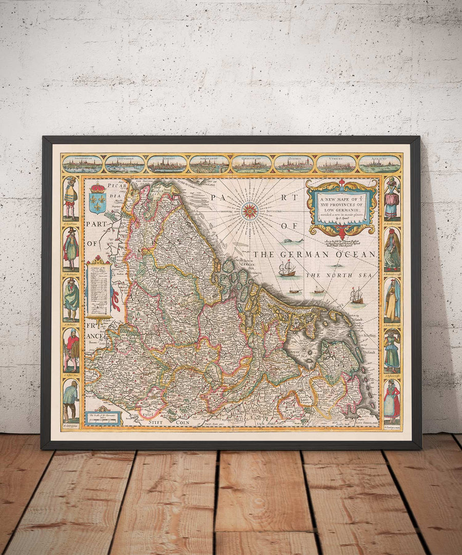 Mappa antica dei Paesi Bassi di John Speed, 1627 - Paesi Bassi, Olanda, Belgio, Lussemburgo, Fiandre, Belgica 