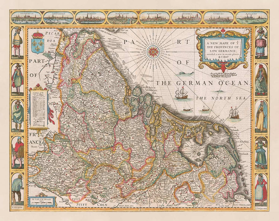 Mappa antica dei Paesi Bassi di John Speed, 1627 - Paesi Bassi, Olanda, Belgio, Lussemburgo, Fiandre, Belgica 