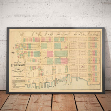Mapa antiguo del Lower East Side y dos puentes, NYC 1874 - Calles de Manhattan, Rutger&
