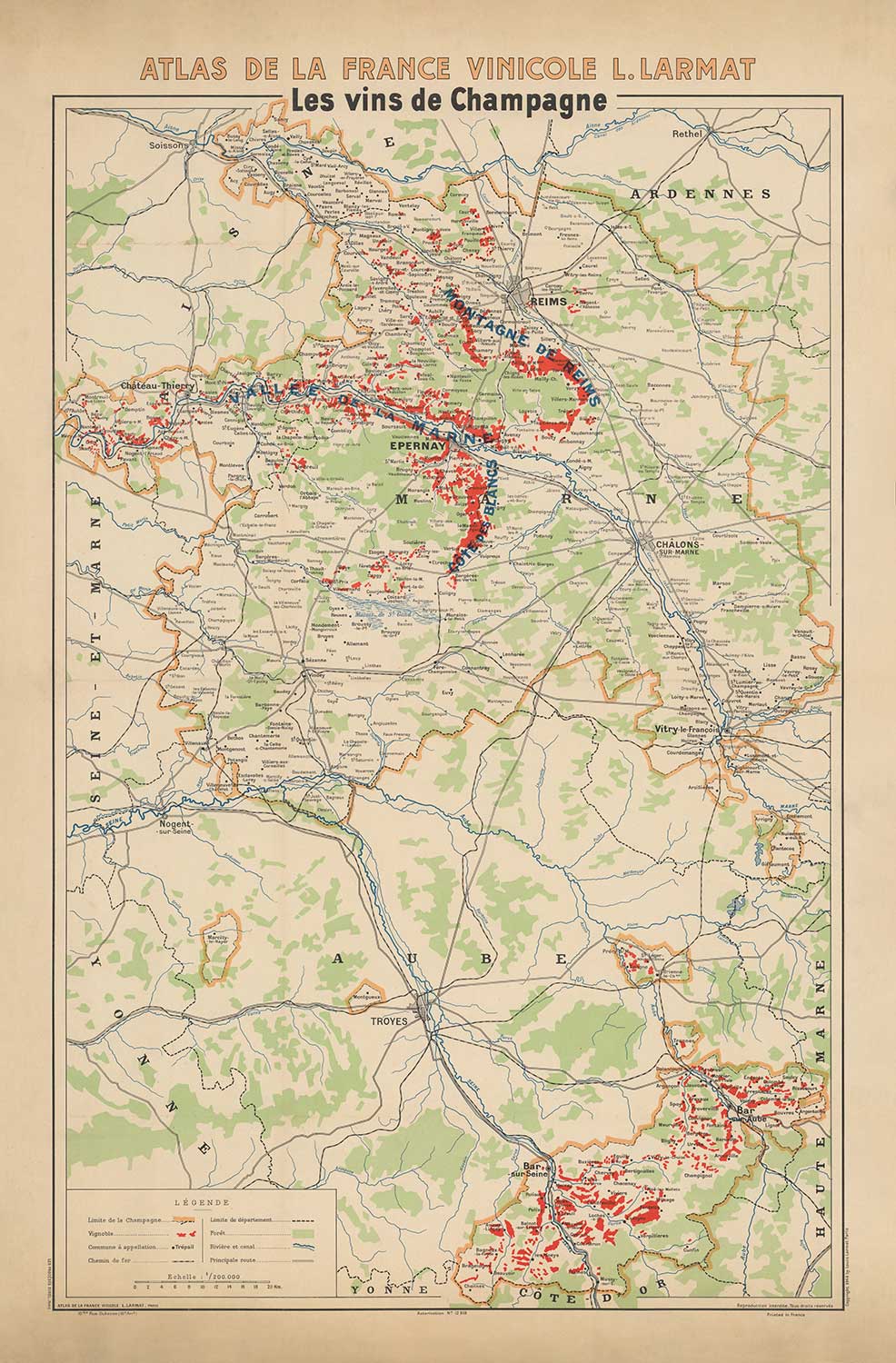 Alte Weinbergkarte der Champagne, Frankreich, 1944 von Louis Larmat - Reims, Epernay, Troyes, Chatau-Thierry, Bar-Sur-Seine