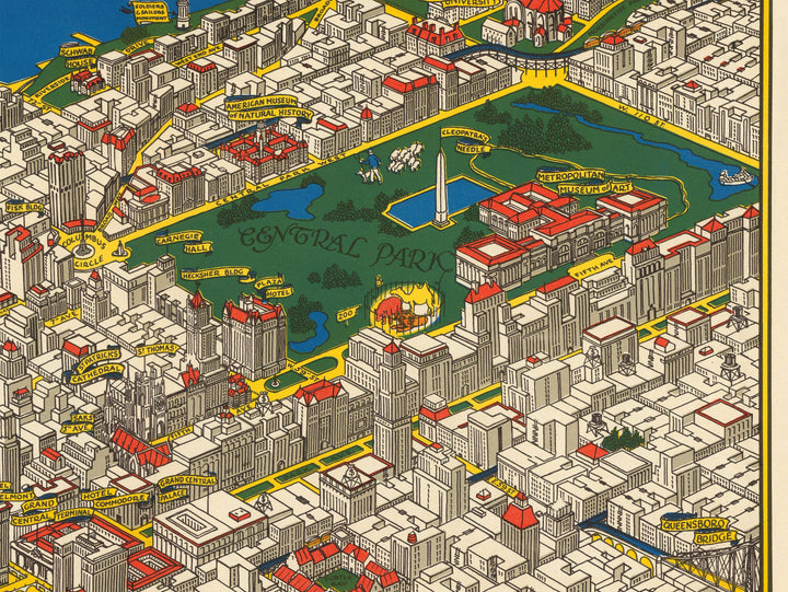 Old Pictorial Map of Manhattan, New York City, 1928 by Farrow