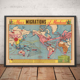 Ancienne carte des migrations de masse de l'humanité, 1944 par Edwin Sundberg - Théorie de l'origine extra-asiatique, traite des esclaves, civilisation préhistorique