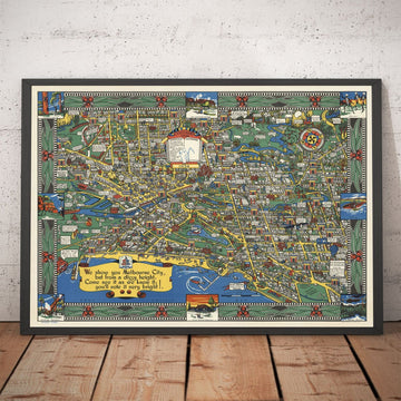 Ancienne carte de Melbourne, Victoria par John Power Studios, 1934 - Centre-ville, gare, parcs, zoo, plage, rivière Yarra