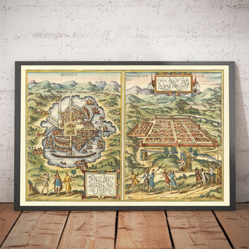 Mappa antica di Città del Messico e Cusco, 1572 di Georg Braun - Aztechi, Perù, Texcoco, Tenochtitlan, colonialismo spagnolo 