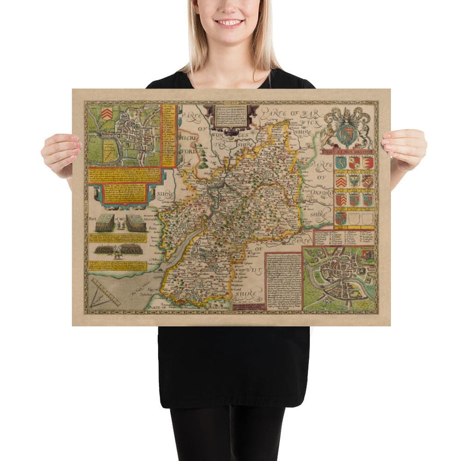 Old Map of Gloucestershire, 1611, John Speed - Bristol, Cheltenham, Gloucester, Kingswood, Filton