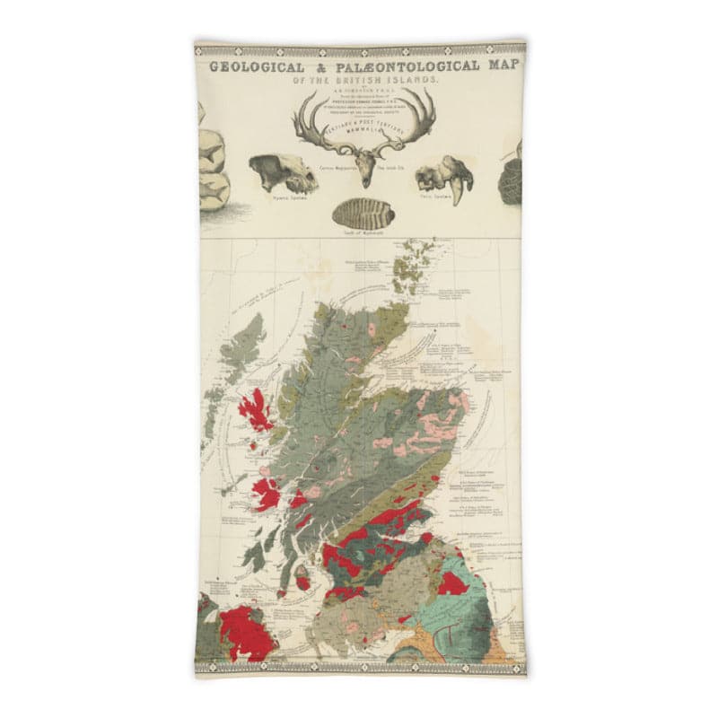 Masque écossais / guêtre de cou avec une carte vintage de la carte géologique et paléontologique des îles britanniques (Écosse) 1854, par A.K. Johnston et Edward Forbes.