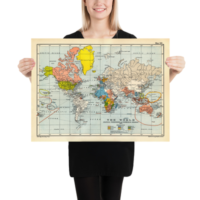 Ancienne carte du monde colonial, 1912 par Cambridge Publishing - Empire britannique, Empire français, Empire hollandais, Empire chinois, Empire espagnol