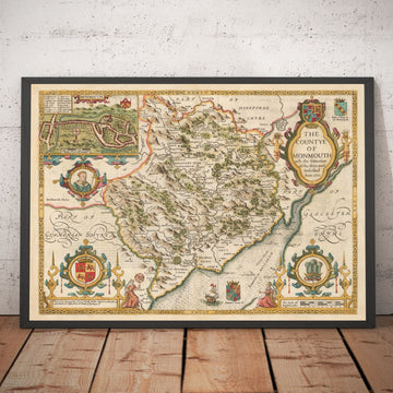 Alte Karte von Monmouthshire, Wales, 1611 von John Speed - Abergavenny, Caldicot, Chepstow, Monmouth, Magor 