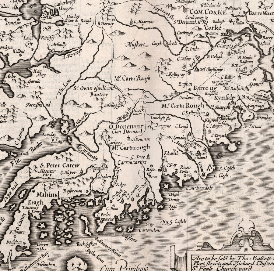 Vieille carte monochrome de Munster, Irlande en 1611 par John Speed ​​- County Cork, Clare, Kerry, Limerick, Tipperary, Waterford, Dingle