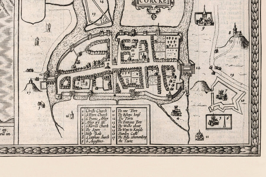 Vieille carte monochrome de Munster, Irlande en 1611 par John Speed ​​- County Cork, Clare, Kerry, Limerick, Tipperary, Waterford, Dingle