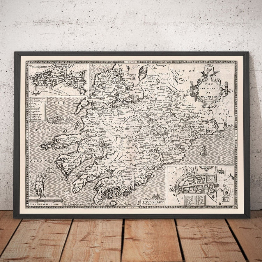 Vieille carte monochrome de Munster, Irlande en 1611 par John Speed ​​- County Cork, Clare, Kerry, Limerick, Tipperary, Waterford, Dingle