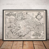 Vieille carte monochrome de Munster, Irlande en 1611 par John Speed ​​- County Cork, Clare, Kerry, Limerick, Tipperary, Waterford, Dingle