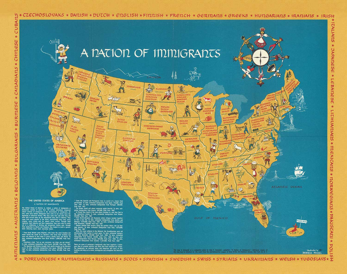 Old Immigrant Map of the USA, 1959 von Passal - Irisch, Italienisch, Russisch, Englisch, Deutsch, Spanisch, Mexikanisch, Chinesisch