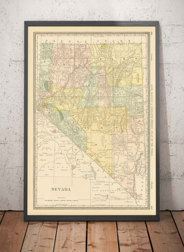 Antiguo mapa de Nevada, EE.UU., 1882 por Rand & McNally - Las Vegas, Reno, condados, Carson City