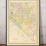 Ancienne carte du Nevada, USA, 1882 par Rand & McNally - Las Vegas, Reno, comtés, Carson City