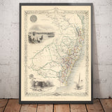 Antiguo mapa de Nueva Gales del Sur, Australia 1851 por Tallis & Rapkin - Sydney, Newcastle, Brisbane, Botany Bay, condados de NSW
