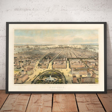 Vieux oiseaux Carte des yeux de New York en 1849 - Basse Manhattan, Soho, Noho, Square Union, Broadway, Parc de batteries, Ellis Island