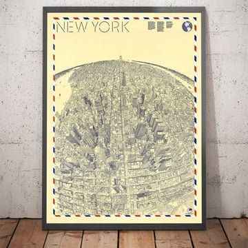 Old Birds Eye Carte de New York en 1982 - Manhattan, Midtown, Empire State, Chrysler, Twin Towers, Central Park 5th Avenue