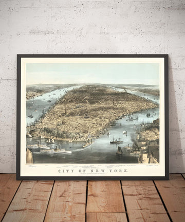 Vecchia mappa Birds Eye di New York City 1856 - Manhattan, Distretto Finanziario, Battery, Fiumi East e Hudson 