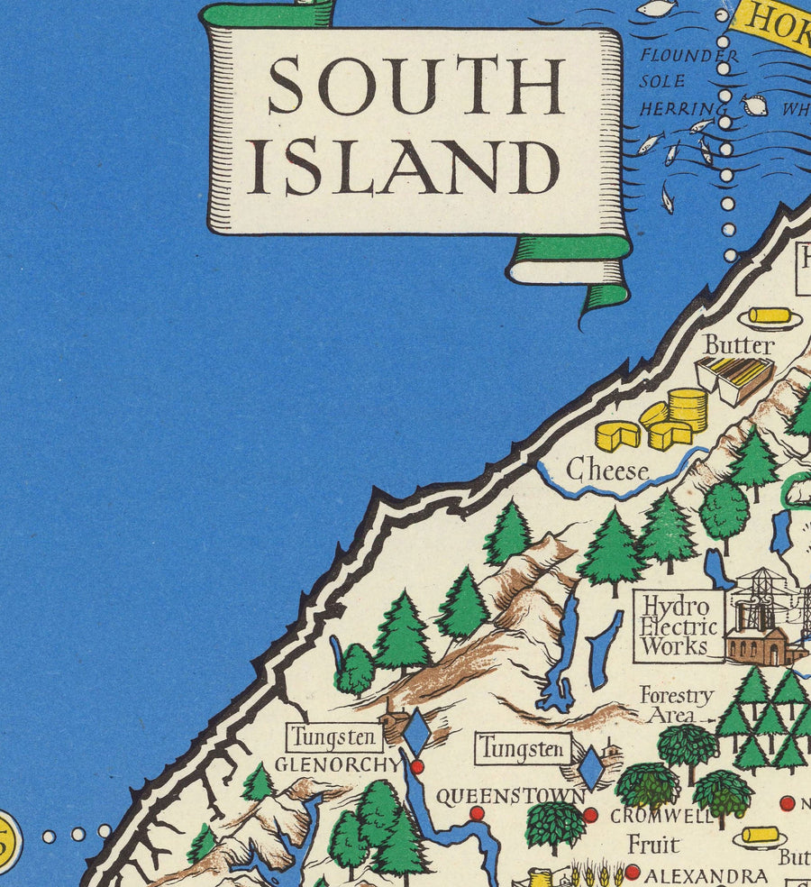 Ancienne Carte de Nouvelle-Zélande, 1943 par Max Gill - Colonial British Empire World Warema Carte