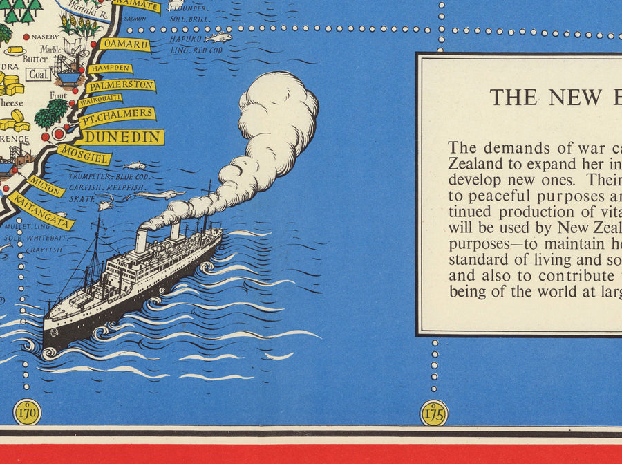 Ancienne Carte de Nouvelle-Zélande, 1943 par Max Gill - Colonial British Empire World Warema Carte