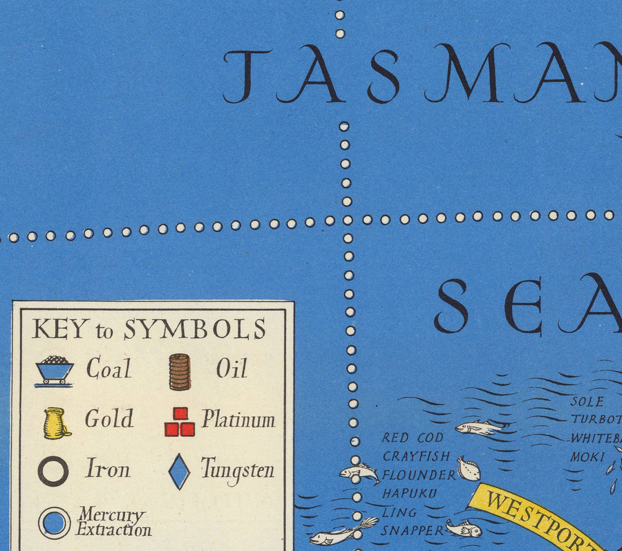 Ancienne Carte de Nouvelle-Zélande, 1943 par Max Gill - Colonial British Empire World Warema Carte