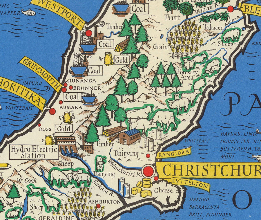 Ancienne Carte de Nouvelle-Zélande, 1943 par Max Gill - Colonial British Empire World Warema Carte